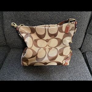 Coach Brown and Tan Shoulder Bag with Signature Monogram